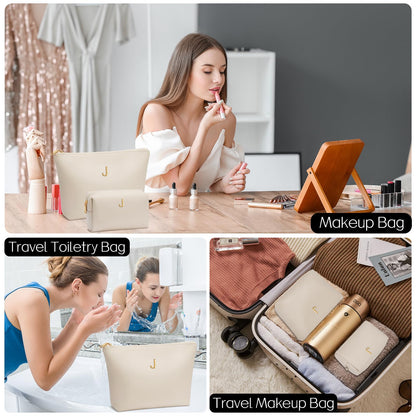 CLOUDWINGS Graduation Gifts | Initial Makeup Bag for Women Personalized Gifts for Bridesmaid Teachers Friend Female College Cosmetic Travel Toiletry Bag(Beige,J)