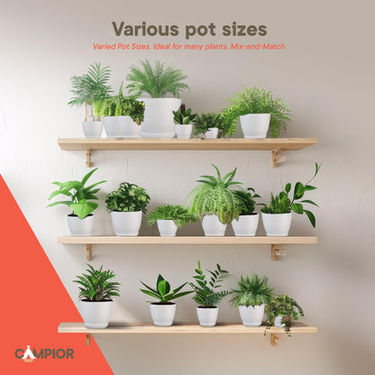 Campior Plastic Plant Pots with Drainage - Home Decor Flower Pot, Stackable Design for Indoor & Outdoor Use, Lightweight and Sturdy, Space-Saving, (7”, 6.6”, 6”, 5.3”, 4.8” Inches), Pack of 20, White