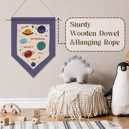 RUKUPA Space Nursery Wall Art Decor, Kids Room Hanging Pennant Flag, How I Wonder What You Are Celestial Solar System Wall Art Poster Hanger for Kids Nursery Room Bedroom Playroom Decor, 11x15 Inch