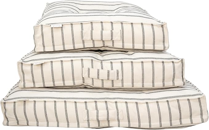 Harry Barker Striped Pillow Dog Bed, Luxury Washable Pet Bed with Recycled Fill, Soft Square Cushion Bed for Medium Dogs & Cats, Cream & Black