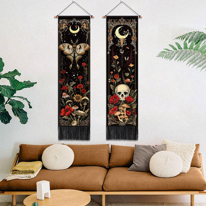 ARTCREATOR Pack of 2 Witchy Gothic Wall Bedroom Decor Moth Moon Tapestry Skull Mushroom Vertical Tapestries Retro Floral Flowers Tapestries for Bedroom Aesthetic Alt Room (12.8 x 51.2 inches)