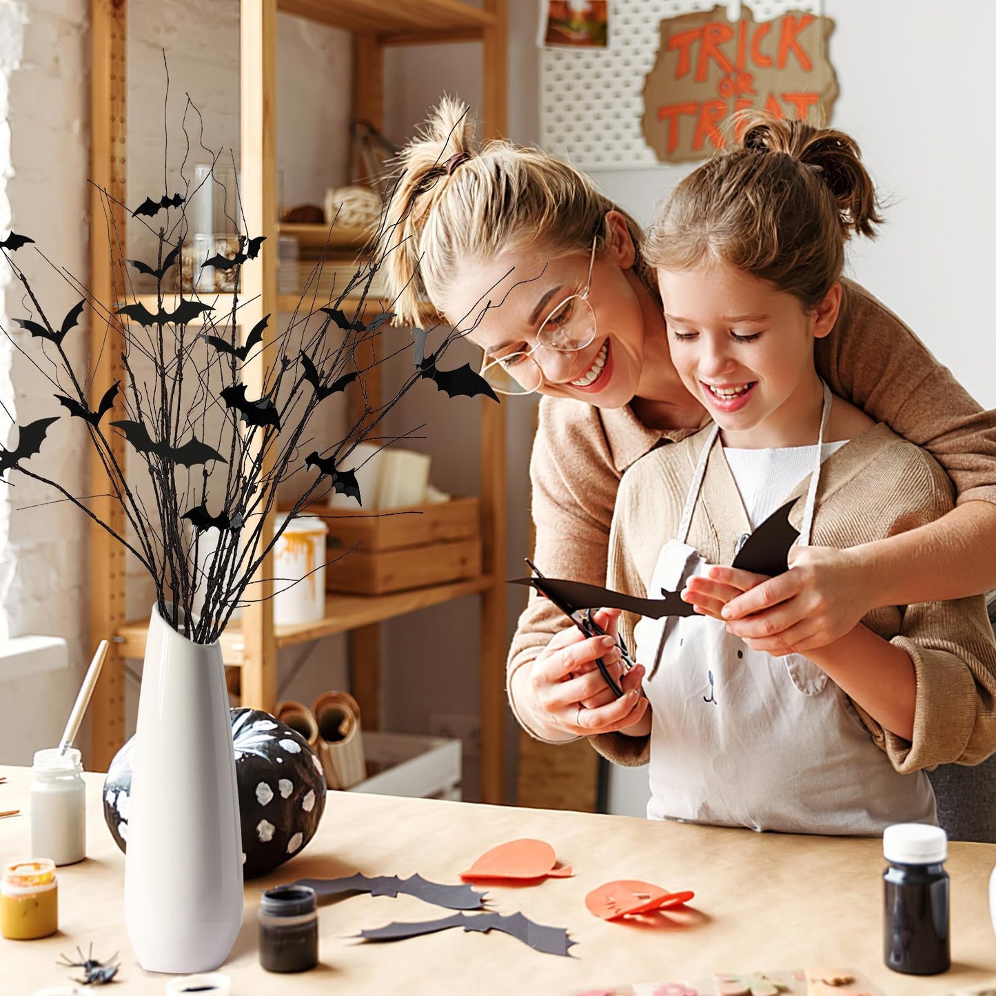 JUNEBRUSHS Curly Willow Branches 29.5 Inch Artificial Bendable Stems Black Branches with 36Pcs Halloween Bat Stickers for Halloween Wreath Home Party Decorations