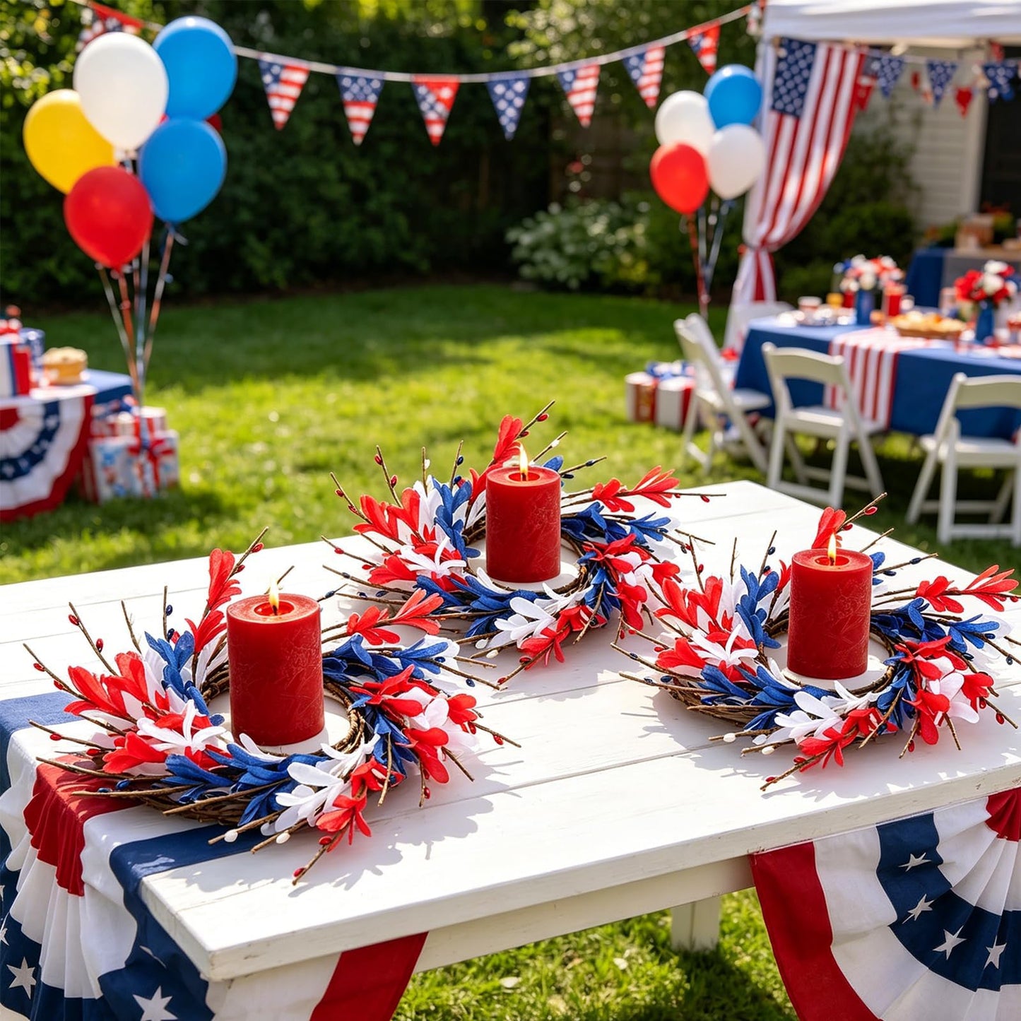 6 PCS Patriotic American Candle Rings Wreaths 4th of July Red White and Blue Floral Candle Rings Holder with Forsythia Flowers Mini Independence Day Wreath for Party Home Table Centerpiece Decor