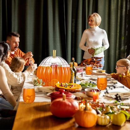Potchen 1.3 Gallon Thanksgiving Pumpkin Drink Dispenser with 4 Clear Plastic Cups Pumpkin Shaped Drink Dispenser Fall Harvest Kitchen Decoration with Spigot for Halloween Autumn Party Supplies