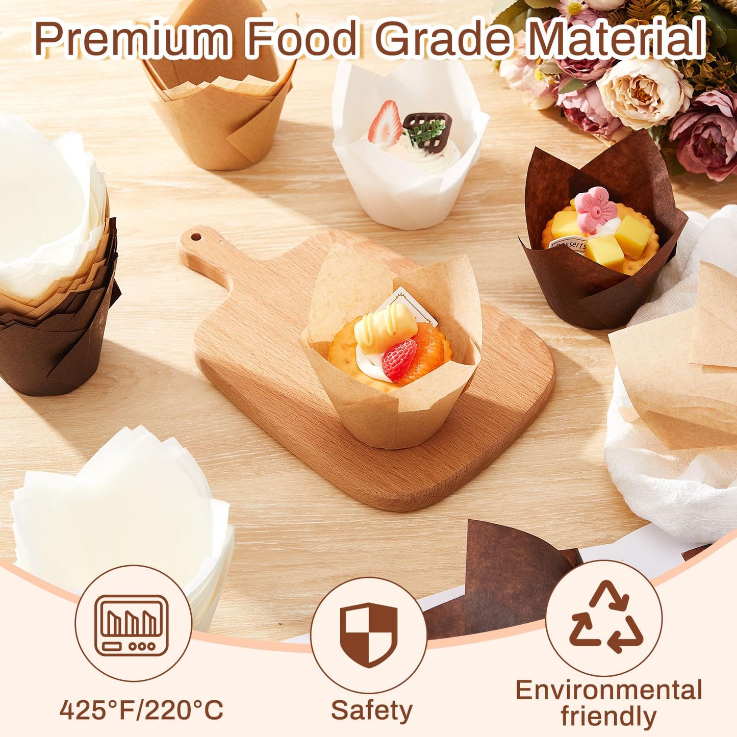 Motiskyy 300 Pcs Jumbo Muffin Liners for Baking 2-1/4" x 4" Large Tulip Cupcake Liners Greaseproof Cupcake Wrapper Paper for Weddings Birthday Christmas Anniversaries Party (Light Brown,White,Brown)