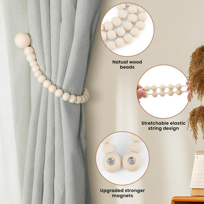 KLOGTSIND Magnetic Curtain Tiebacks, Curtain Tie Backs for Curtains 4 Pack, Wood Bead Curtain Tiebacks, Curtain Holders for Boho Bedroom Decor, Baby Nursery Decor, Farmhouse Decor