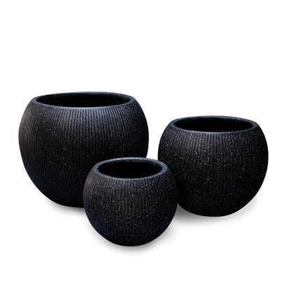 DEPLA LANE Marlo Fiberstone Round Planter (8.5" Pot Opening x 12..6"D x 9.8"H) Ribbed Finishes, Lightweight, Durable, UV Resistant, Modern Minimalist Home Decor, Indoor Outdoor Pot (S, Ribbed Black)