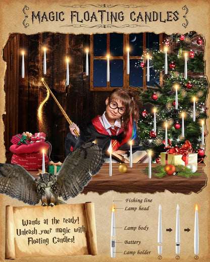 Floating Candles with Wand - 12 Pack Christmas Decorations Magic Flameless Candles Flickering Warm Light LED Hanging Candle Remote, Battery Operated Candles for Christmas Outdoor Indoor Party Decor