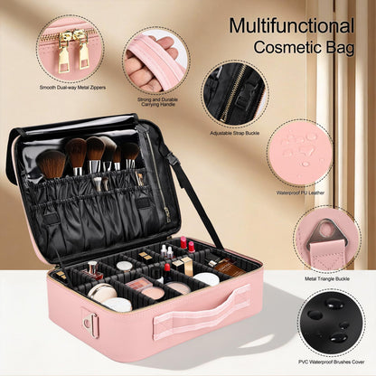 Travel Makeup Bag with Brush Holder, Professional Cosmetic Train Case Organizer, Portable Travel Makeup Brush Carry Case Artist Storage Box with Adjustable Dividers and Shoulder Strap, Leather Pink