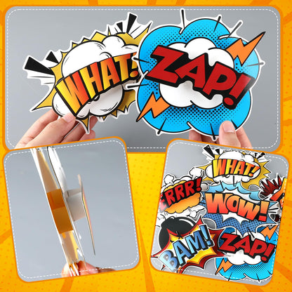 Preboun 6 Pcs Hero Party Decorations 3D Multilayer Comic Action Sign Cutouts Sign Fun Action Paper Cutouts Spider Bat Birthday Party Decor for Classroom Birthday Baby Shower Office Photo Prop (Hero)