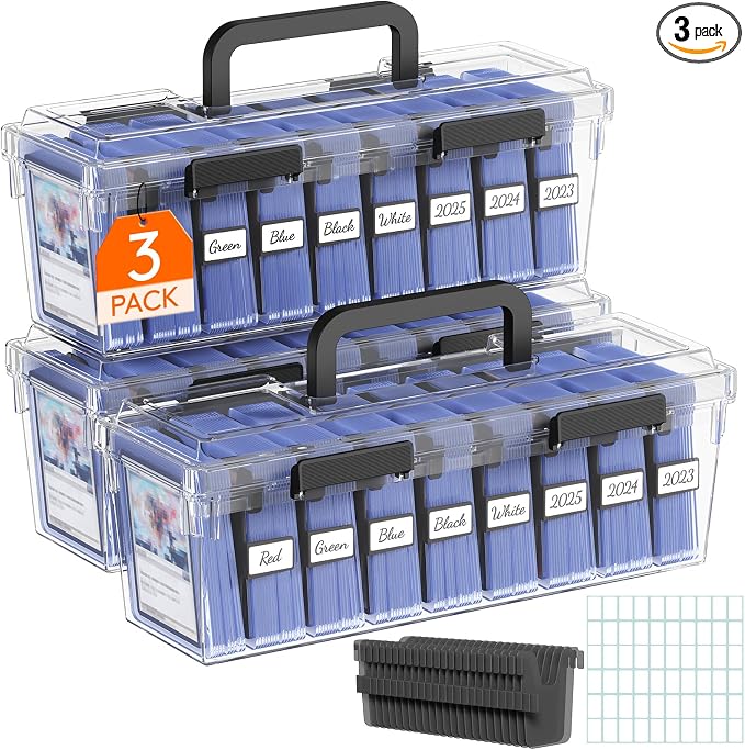 Lifewit Trading Card Storage Box fit for Toploader, Stackable Reinforced Latch Case with 8 Adjustable Dividers, Writable Labels, Organizer for MTG TCG Sports Baseball Bulk Cards, 3 PCS