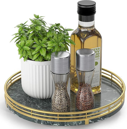 Green Marble Lazy Susan Turntable for Table Top – 10” Round Marble Tray Organizer for Dining Table, Kitchen Countertop & Bar, Luxury Stone Serving Tray with Gold Frame