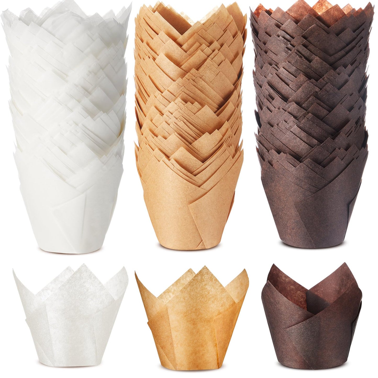 Motiskyy 300 Pcs Jumbo Muffin Liners for Baking 2-1/4" x 4" Large Tulip Cupcake Liners Greaseproof Cupcake Wrapper Paper for Weddings Birthday Christmas Anniversaries Party (Light Brown,White,Brown)