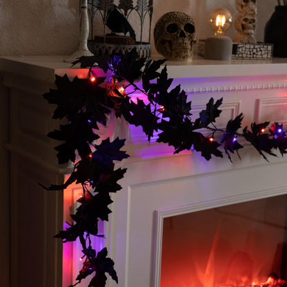Valery Madelyn 9ft Halloween Garland with Lights, Thick Pre-Lit Light Up Black Maple Leaf Garland Halloween Decor for Mantle Fireplace Table Home Indoor