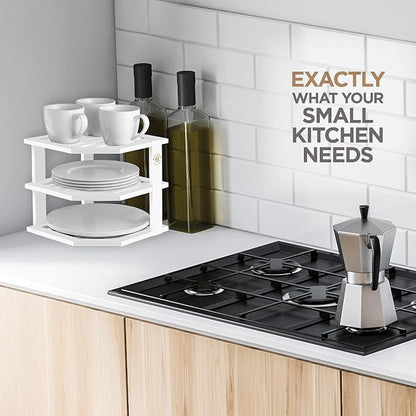 White Plate Organizer for Cabinet - 3 Tier Bamboo Corner Cabinet Organizer Shelf for Plates Bowls Mugs Cups, Kitchen Cabinet Organizer, Cabinet Shelf Organizer, Countertop Rack, 10 x 10 x 9.5 Inch