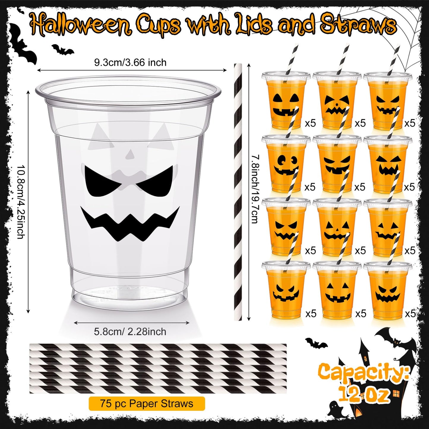 Bokon 60 Pcs Halloween Plastic Cups with 60 Lids and 75 Pcs Straws 12oz Disposable Clear Ghost Face Cups Bulk 12 Styles for Beverage Drink Snacks Wine Halloween Trick or Treat Supplies