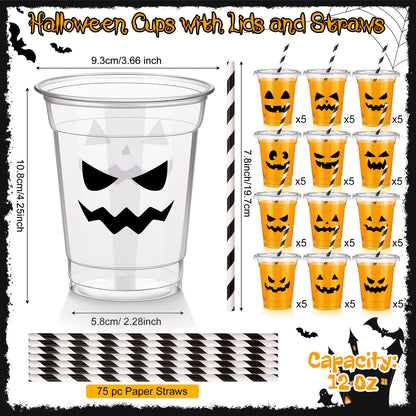 Bokon 60 Pcs Halloween Plastic Cups with 60 Lids and 75 Pcs Straws 12oz Disposable Clear Ghost Face Cups Bulk 12 Styles for Beverage Drink Snacks Wine Halloween Trick or Treat Supplies