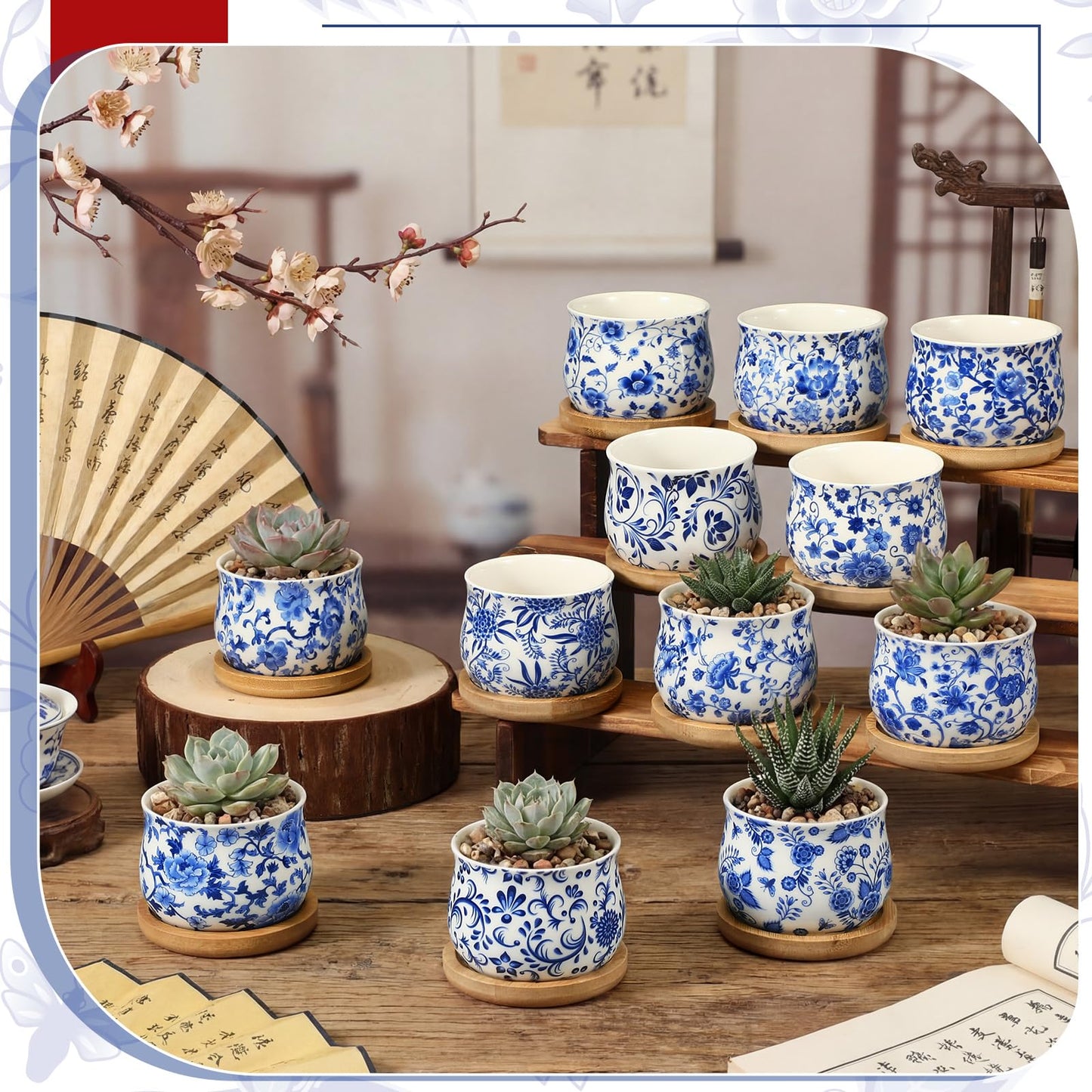 Ferrochef 12 Pcs 3" Ceramic Chinoiserie Succulent Plant Pot Blue and White Porcelain Planter with Bamboo Tray Drainage Hole Mini Chinese Flower Jardiniere for Cactus Herbs Home Office Indoor Decor