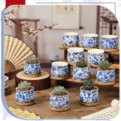 Ferrochef 12 Pcs 3" Ceramic Chinoiserie Succulent Plant Pot Blue and White Porcelain Planter with Bamboo Tray Drainage Hole Mini Chinese Flower Jardiniere for Cactus Herbs Home Office Indoor Decor