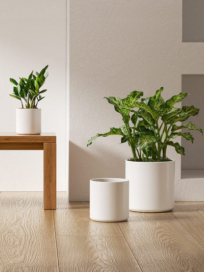 LE TAUCI Large Plant Pots Set, 12/10/8/6 Inch Ceramic Planters for Indoor Plants, Mid-Century Modern Flower Planter Pots with Drainage Hole and Plug, Cylinder Round Planter Pots, Set of 4, White
