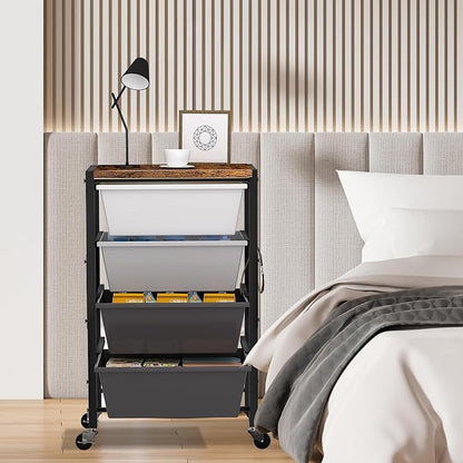 Rolling Cart with Drawers, Rolling Storage Cart with Large Plastic Drawers & Wooden Tabletop, Utility Cart with Pegboards & Basket, Storage Drawers Cart for Living Room, Classroom, Bedroom, Office