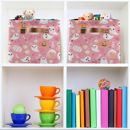 Wamika Halloween Pink Storage Basket with Waterproof Liner and PU Handles Pumpkin Ghost Candy Storage Bins Boxes 14.2" Collapsible Decorative Organizer Baskets for Bedroom Closet Office 1 Pack