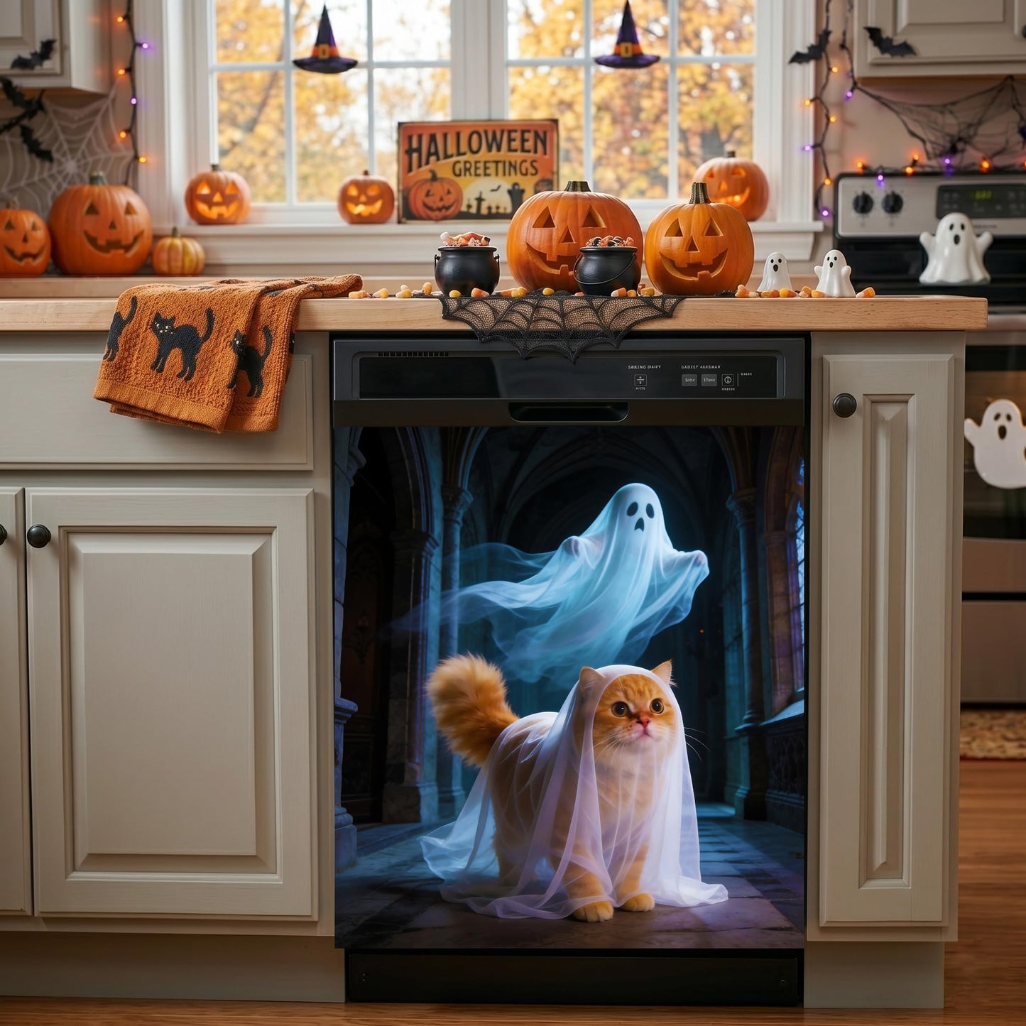 Halloween Ghost Cat Dishwasher Cover Magnet,23.03 x 25.59 in,Dishwasher Magnetic Cover for Kitchen Decor