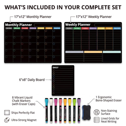AUVIREC Magnetic Black Calendar for Refrigerator (3-Pack, Ships Flat) - 17"x12" Monthly, Weekly & Daily Planner with Lined Grids - Nano-Tech Dry Erase Fridge Board, 8 Neon Liquid Chalk Markers