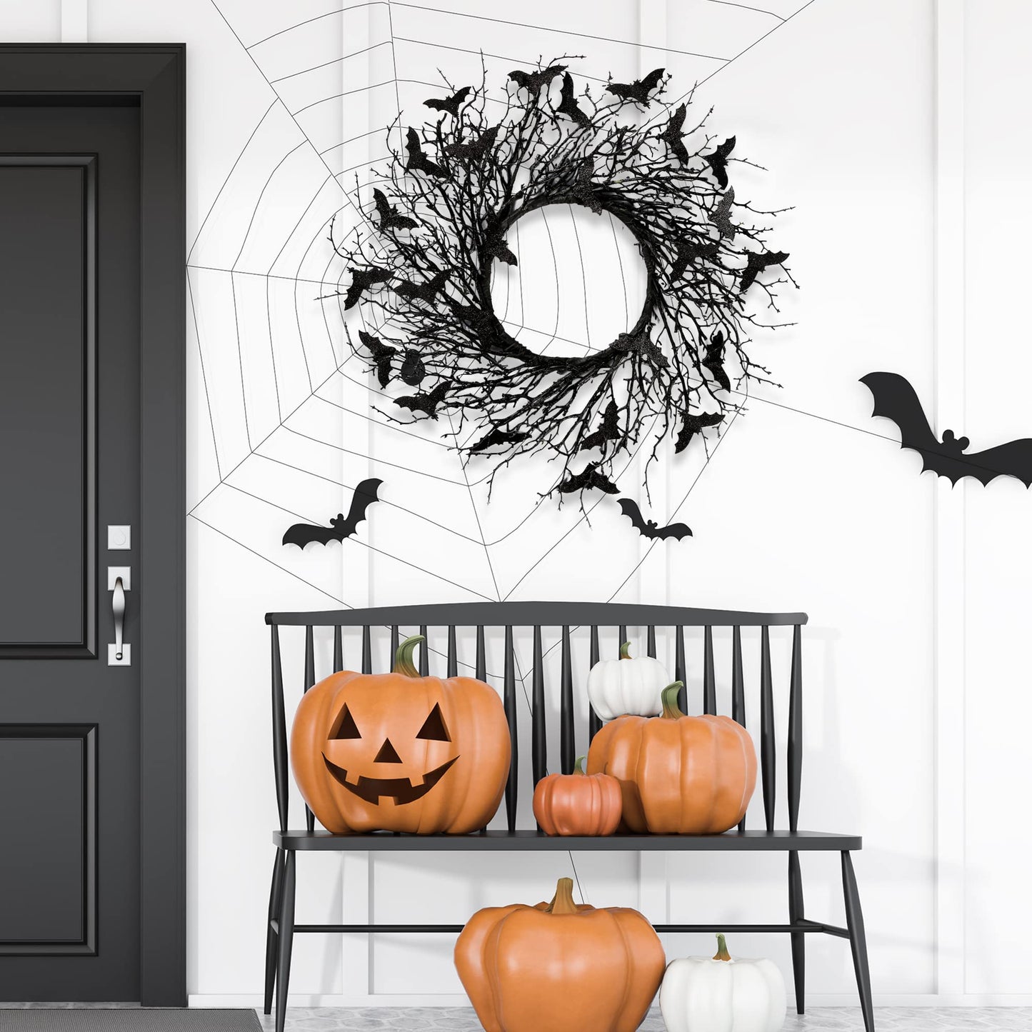 Sggvecsy 17.7"Artificial Black Twig Wreath with Glitter Bats - Handmade Sparkling Hanging Decorations for Front Door, Indoor/Outdoor Halloween Party