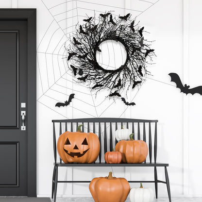 Sggvecsy 17.7"Artificial Black Twig Wreath with Glitter Bats - Handmade Sparkling Hanging Decorations for Front Door, Indoor/Outdoor Halloween Party