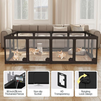 Albott Acrylic Clear Dog Playpen Indoor, Modular Puppy Cat Small Pet Play Pen with 3 Doors, Transparent Fence for Little Dogs, Cats, Rabbits, Easy Assemble and Disassemble, Black (24" H, 17 pcs)