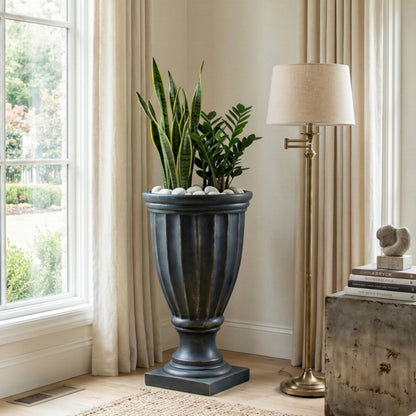 Christopher Knight Home 26.77 Inch Tall Fluted Pedestal Urn Planter MGO Outdoor Flower Pot Faux Stone Garden Planter for Patio Porch Entryway Decor, Antique Green