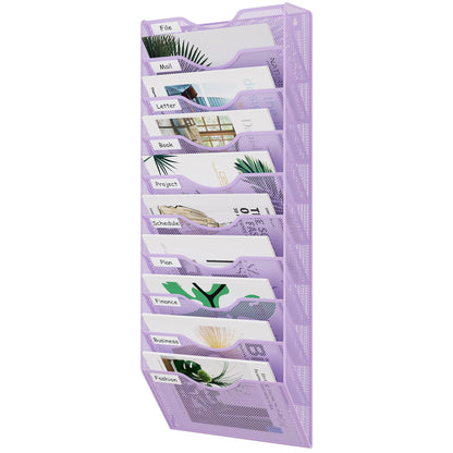 EasyPAG 10 Pocket Mesh Wall File Organizer, Hanging Paper Folder Holder with Classify Label, Vertical Wall Mount Mail Organizer for Office Home Classroom, Purple