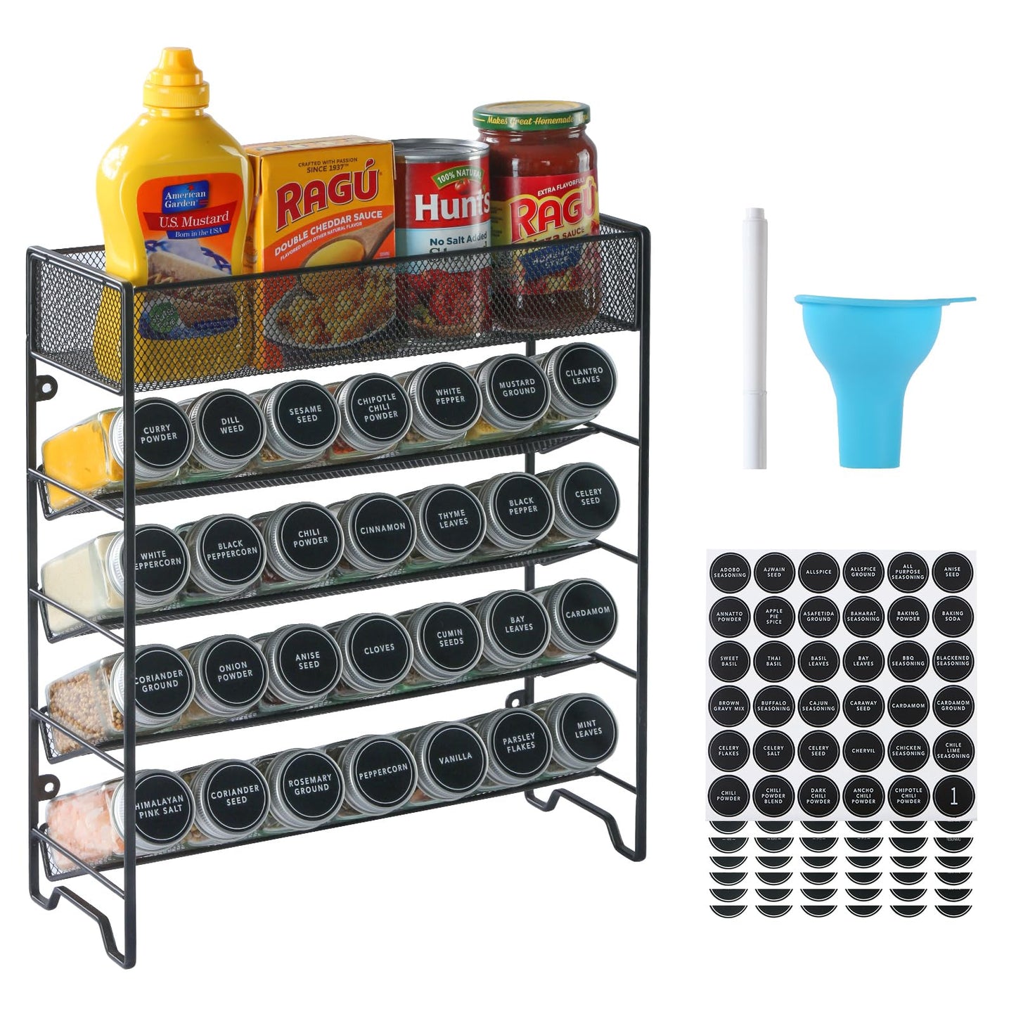 Spice Rack Organizer with 28 Spice Jars, Black Lids，Spice Labels, Chalk pen and Funnel Set for Cabinet, Countertop, Pantry, Cupboard or Wall Mount