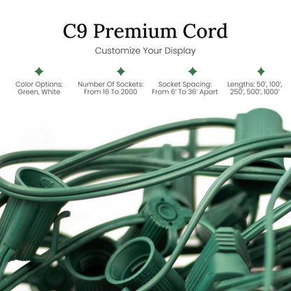 Christmas Designers Pro Christmas C9 Light Cord, 100 ft, 66 Bulb Sockets, 18” Spacing, Green Wire, 2 Sets of Plugs Included