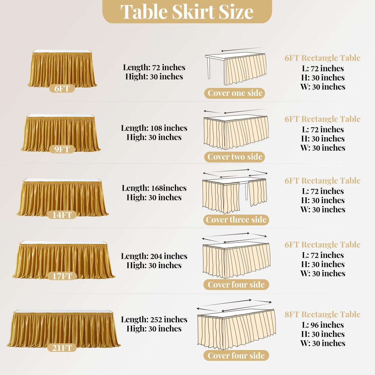 Wish Care 6ft Gold Satin Table Skirt for Rectangle Tables Wrinkle Free Glitter Desk Skirts Pleated Ruffle Table Cloth for Wedding Birthday Graduation Cocktail Party Buffet Display Table Decorations