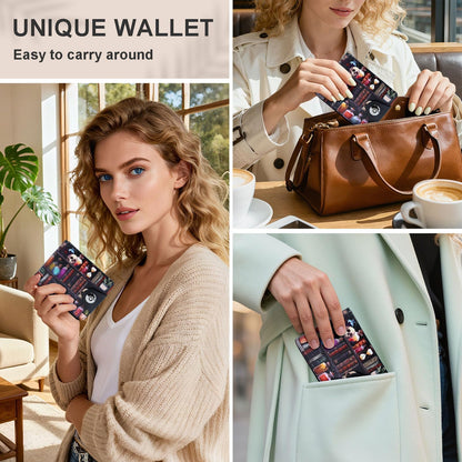 Tezmd Bookshelves Skull Small Wallet Leather Slim Bifold Credit Wallets RFID Blocking Card Holder Zipper Coin Pocket Cash Purse with ID Window