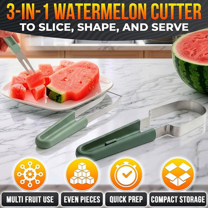 3-in-1 Watermelon Slicer Tool — Stainless Steel Portable, Mess-Free Multi-Use Kitchen Gadget for Summer Picnic, BBQ, Pool Party, Family Hosting, Hostess Gift Idea — Watermelon Cutter Slicer Tool Kit