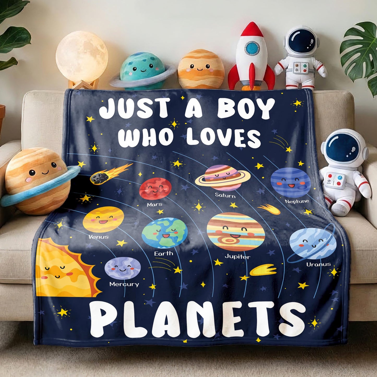 ARTBLANKET Just A Boy Who Loves Planets Solar System Space Throw Blanket Fannel Fleece Super Soft Funny Blanket Travel Throw Blanket for Bed Couch Sofa 40 x 30 Inch for Baby