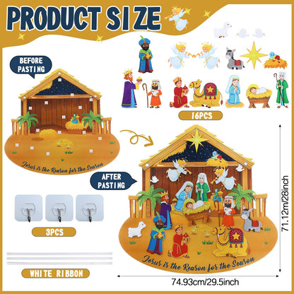 Tiamon Felt Christmas Tree Nativity Story Board Set Advent DIY Religious Nativity Scene with 16 Pcs Detachable Wall Ornaments Felt Board Craft Gift for Door Wall Decor