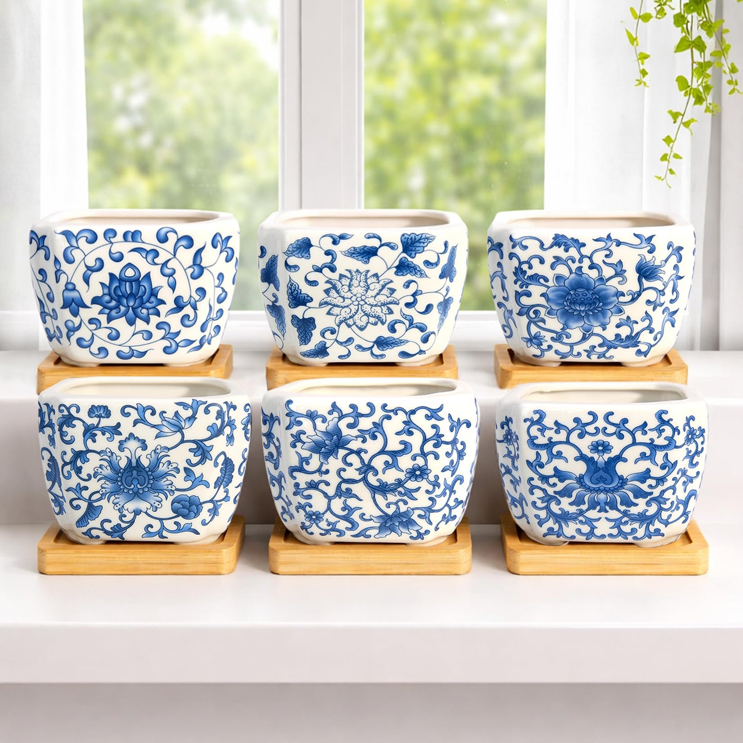 Succulent Pots - 3.1" Succulent Planters with Drainage and Bamboo Trays, Ceramic Flower Pots for Indoor Plants, Small Succulent Pots for Cactus, Home Office Desk Decor, Set of 6