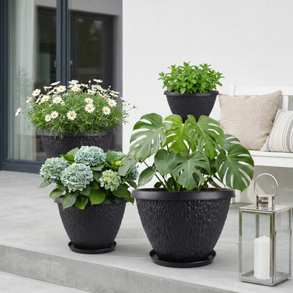 Nooulap 4 Pack 8 inch Plant Pots for Outdoor Indoor, Durable Flower Pots with Drainage, Indoor Outdoor Planters for Herbs Flowers (Black Pebbles Design)