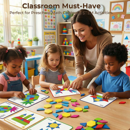 3 otters Wooden Pattern Blocks Shapes for Kids, Geometric Tangram Puzzle with Activity Cards, 150 PCS Educational Toy
