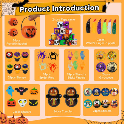 KPHNGB 240PCS Bulk Halloween Party Favors - 24 Pack Pre-filled Mini Pumpkin Buckets Set, Non-Candy Treats Toys & Goodie Bags Stuffers for Trick or Treat, Kids' Prizes