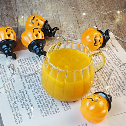 LUATSDAR Halloween Pumpkin Mugs 12 oz Glass Coffee Mugs Set of 4, Drinking Glasses with Yellow Handle, Clear Glass Cups for Hot or Cold Drinks like Cappuccino, Latte, Cocoa, Milk, Tea