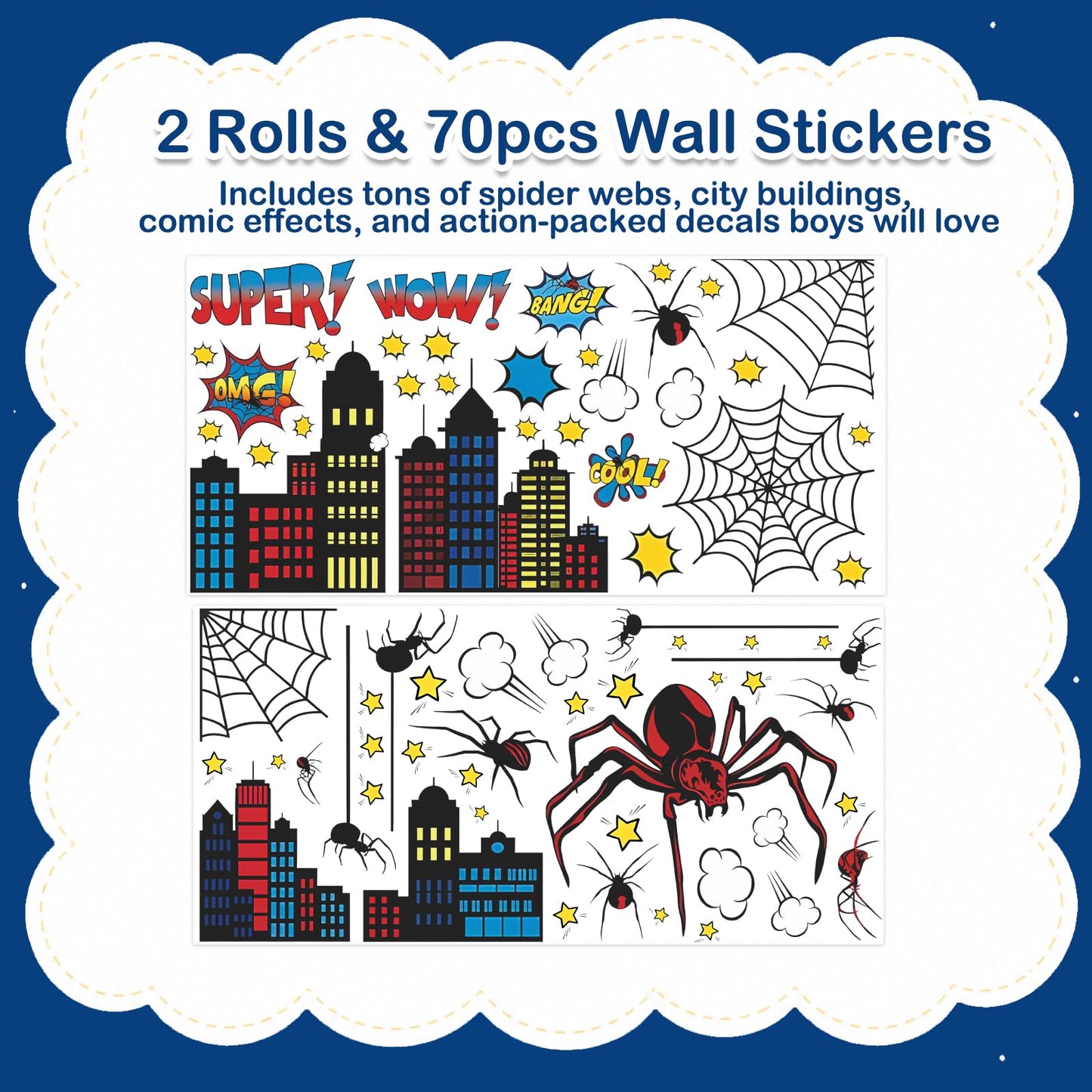 Superhero Wall Decor, Hero City Building Stars Stickers for Kids Boys, 70 Piece UV PVC DIY Removable Reusable Cartoon Stickers for Toddler Nursery, Bedroom, Playroom