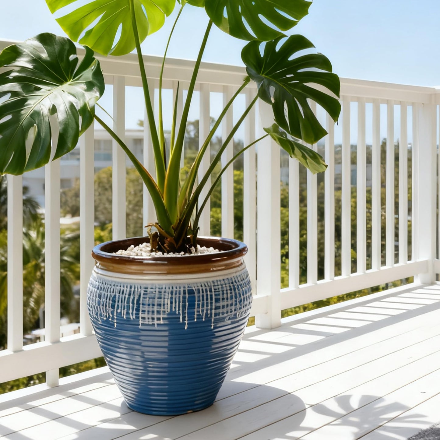 WORTH Clay-Pot-Style Plastic Planters Set of 2 (Large: 17"Dia x 16"H & Small: 13"Dia x 13"H), Blue-Glazed Plant Pot, Round Lightweight Flower Pots with Drainage Hole & Plug for Indoor & Outdoor Use