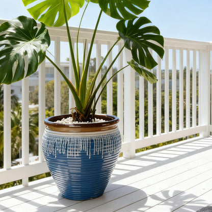 WORTH Clay-Pot-Style Plastic Planters Set of 2 (Large: 17"Dia x 16"H & Small: 13"Dia x 13"H), Blue-Glazed Plant Pot, Round Lightweight Flower Pots with Drainage Hole & Plug for Indoor & Outdoor Use