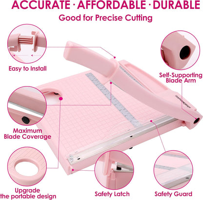 Paper Cutter,Paper Trimmer12 Cutting Length Heavy Duty Guillotine Paper Slicer with Safety Guard and Blade Lock,12 Sheets Capacity,Ideal for Offices,Homes,Printing Shops,Photo Studios (13079PINK)