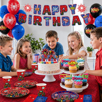103pcs Spider Web Birthday Party Decorations Supplies, 10 Guests Spider Web Party Tableware Including Spider Balloons Cake Topper Banner Plates Spiral Pendant Cupcake Toppers etc Spider Party Supplies